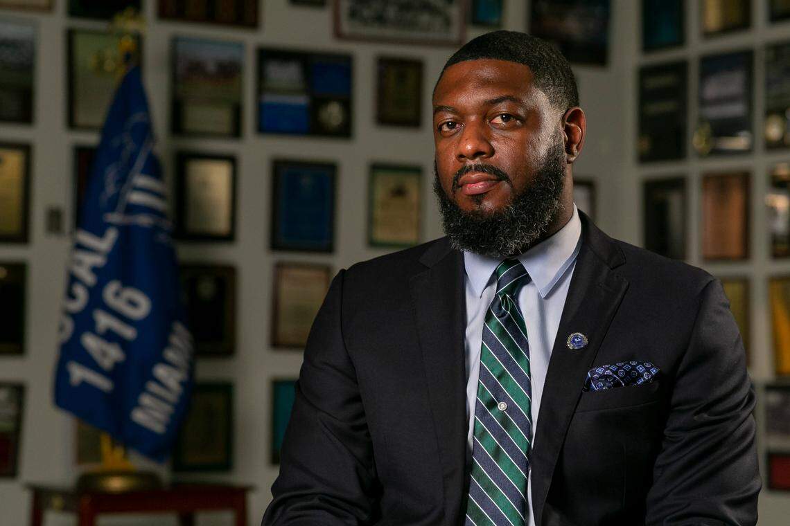 President of the LongshoremenÕs International Association Local 1416 Torin Ragin is photographed at the groupÕs union hall in MiamiÕs Overtown neighborhood on Tuesday, February 23, 2021.
