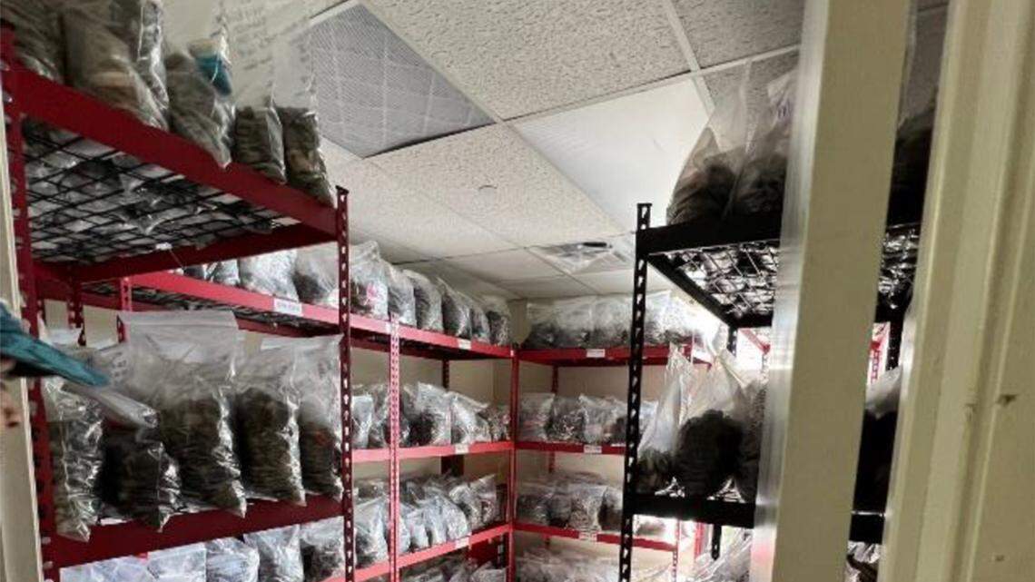 This photo, included in a public report to the city of Miami by developer Related Group, shows bags containing archaeological materials excavated from a prehistoric indigenous site on the Miami River in Brickell in temporarily storage in vacant office space.