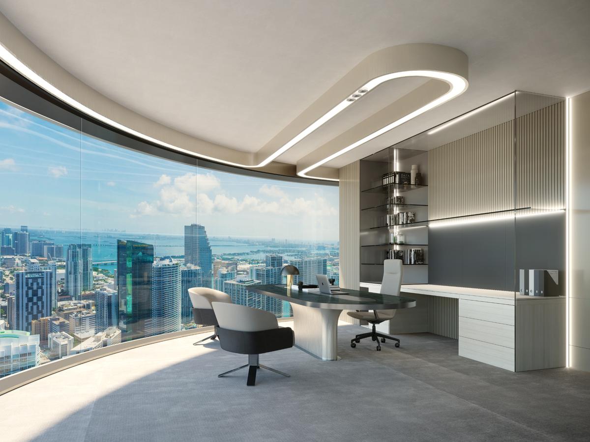 An artistic rendering shows an office with a view of downtown Miami at the new 830 Brickell officer tower, designed by Chicago’s Adrian Smith + Gordon Gill Architecture.