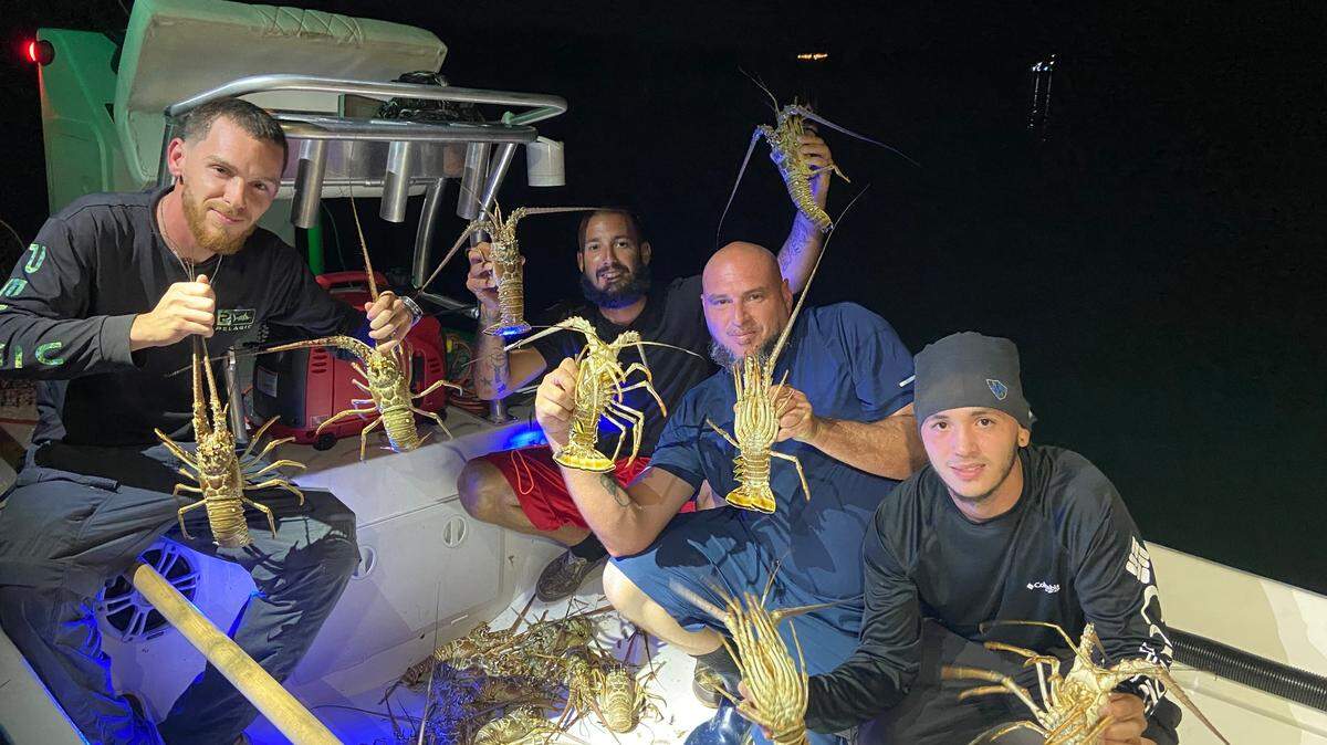 Jorge Llanos, Leo Toujaguez, Noel Pineda and Danny Marrero hold up spiny lobster they caught early Wednesday, July 28, 2021, the first day of lobster miniseason.