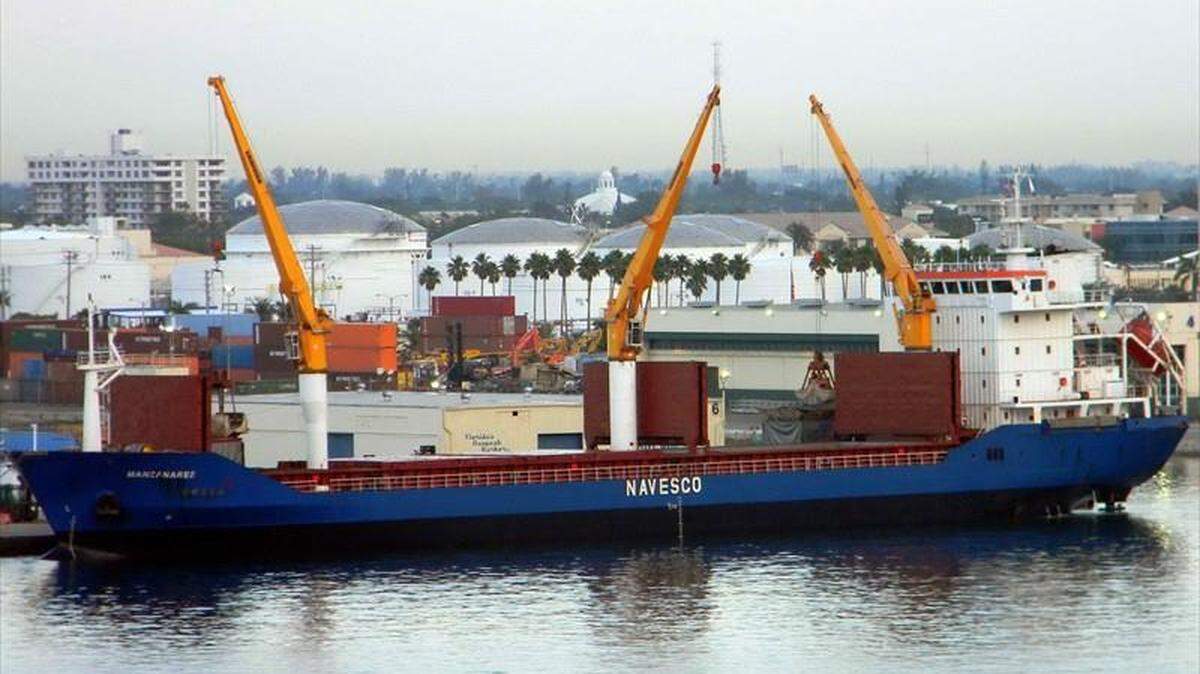 The MV Manzanares with a Panamanian flag was seized by Haitian authorities after it was found to be carrying loads of cocaine and heroin in 2015. It is pictured here at Port Everglades in Fort Lauderdale.