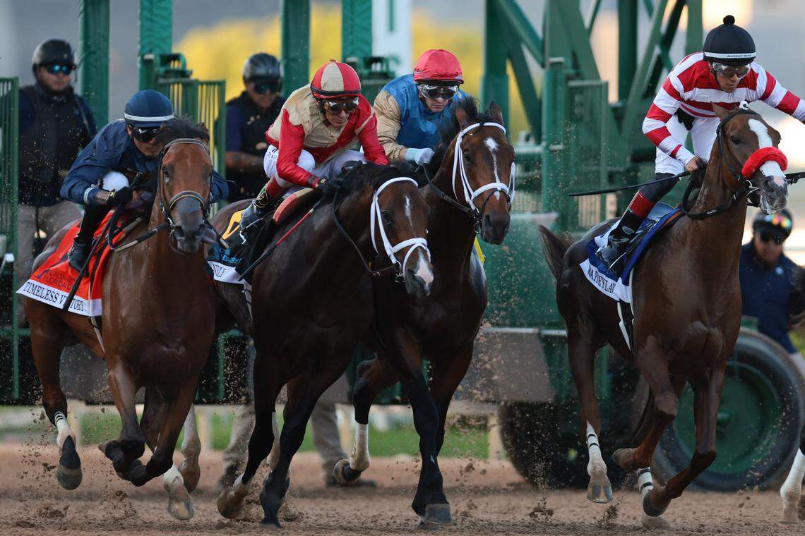 From left: Timeless Victory (7) ridden by jockey Jose Morelos, Nearly (6) ridden by jockey John Velazquez, Commandment (4) ridden by jockey Flavien Prat, and Wayne's Law (3) ridden by jockey Marcos Meneses, compete during the running of the 75th Curlin Florida Derby race at Gulfstream Park on March 28, 2026, in Hallandale, Florida.