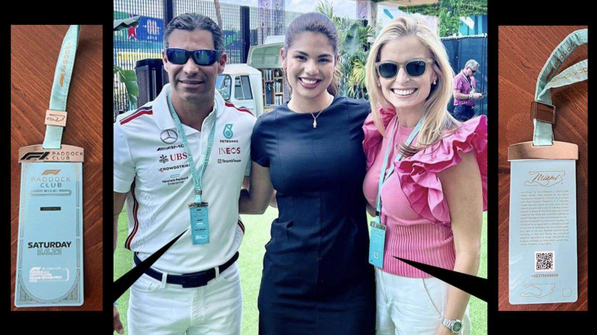 Miami mayor Francis Suarez (left) and his wife Gloria Suarez (right) pose with a social media influencer and event promoter at Formula 1 Miami Grand Prix on Saturday, May 6, wearing VIP passes to the Paddock Club.