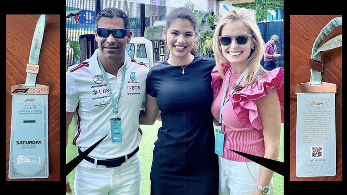 Miami mayor Francis Suarez (left) and his wife Gloria Suarez (right) pose with a social media influencer and event promoter at Formula 1 Miami Grand Prix on Saturday, May 6, wearing VIP passes to the Paddock Club.