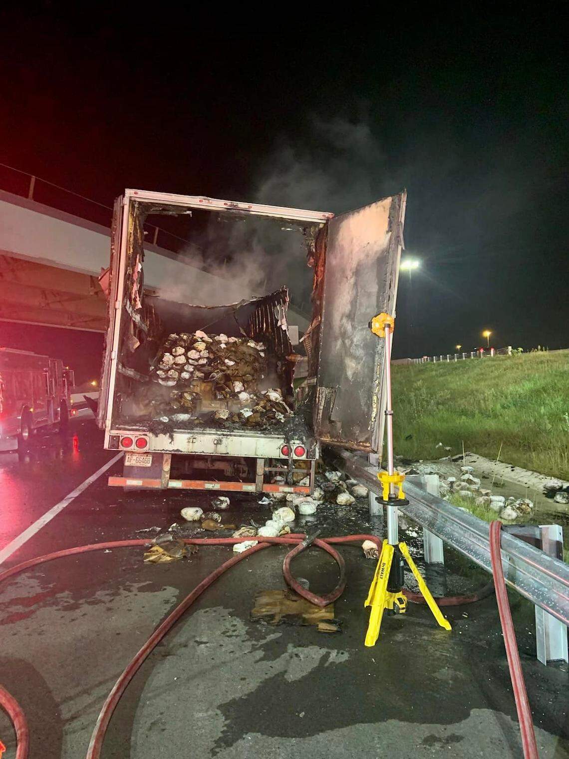 An 18-wheeler carrying 10,000 frozen turkeys caught fire on Interstate 4 in Florida Thursday, Aug. 4, 2022, according to the Seminole County Fire Department.