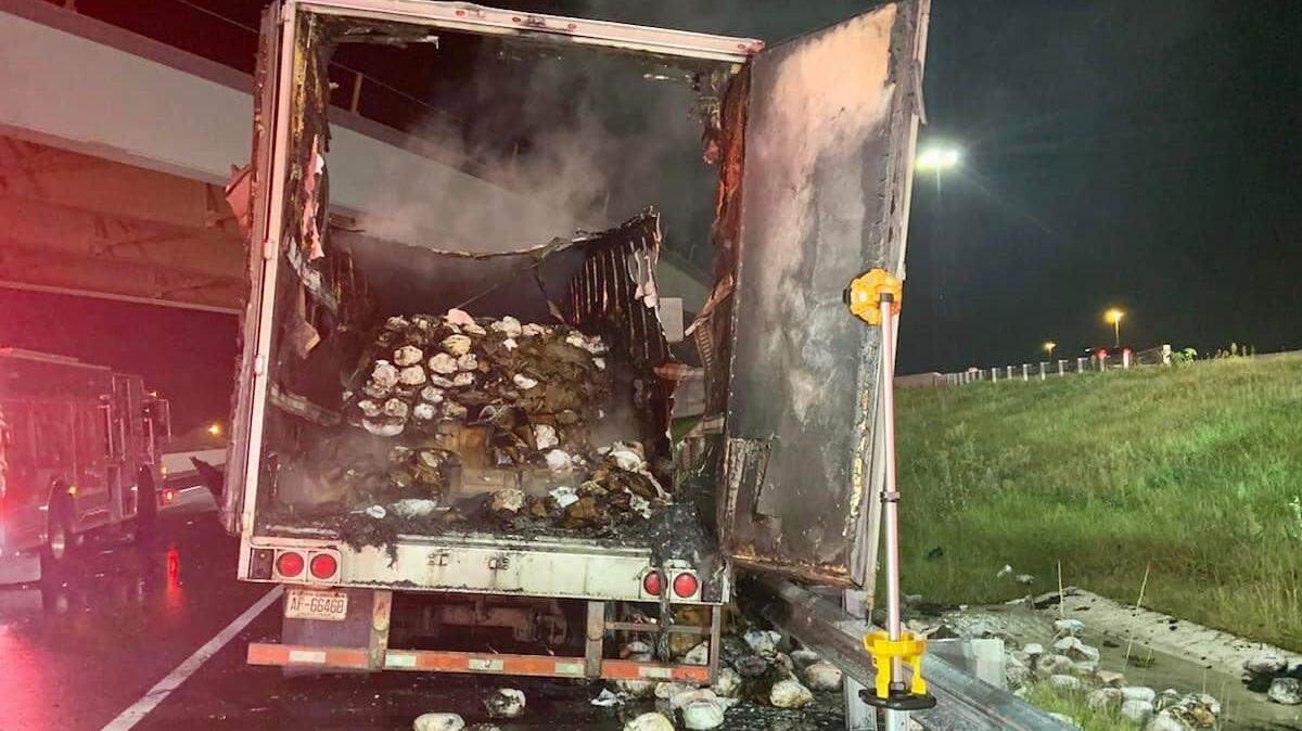 An 18-wheeler carrying 10,000 frozen turkeys caught fire on Interstate 4 in Florida Thursday, Aug. 4, 2022, according to the Seminole County Fire Department.