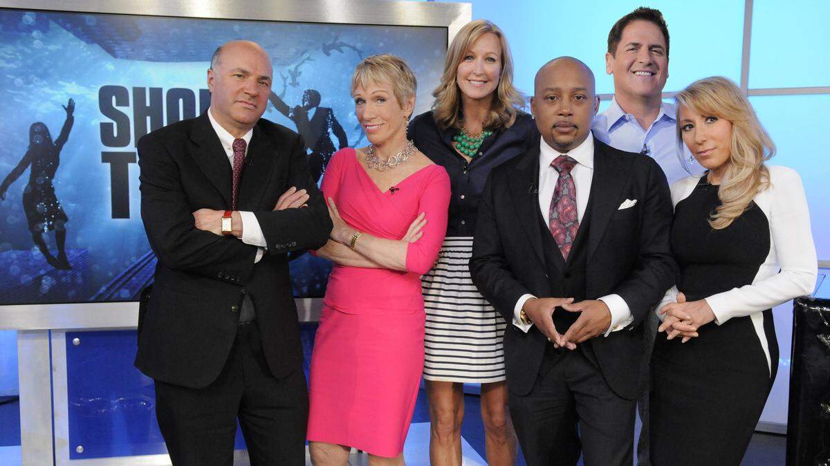 This undated photo provided by ABC shows “Shark Tank” moguls, from left, Kevin O’Leary, Barbara Corcoran, Lara Spencer, Daymond John, Mark Cuban and Lori Greiner.