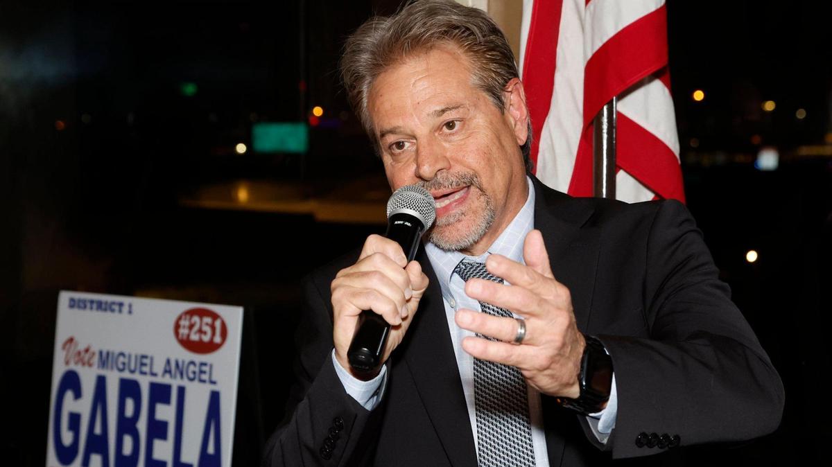 Miguel Gabela addresses supporters during his election night party at the 94th Aero Squadron Restaurant on Tuesday, Nov. 21, 2023. Gabela won the District 1 seat on the Miami City Commission.