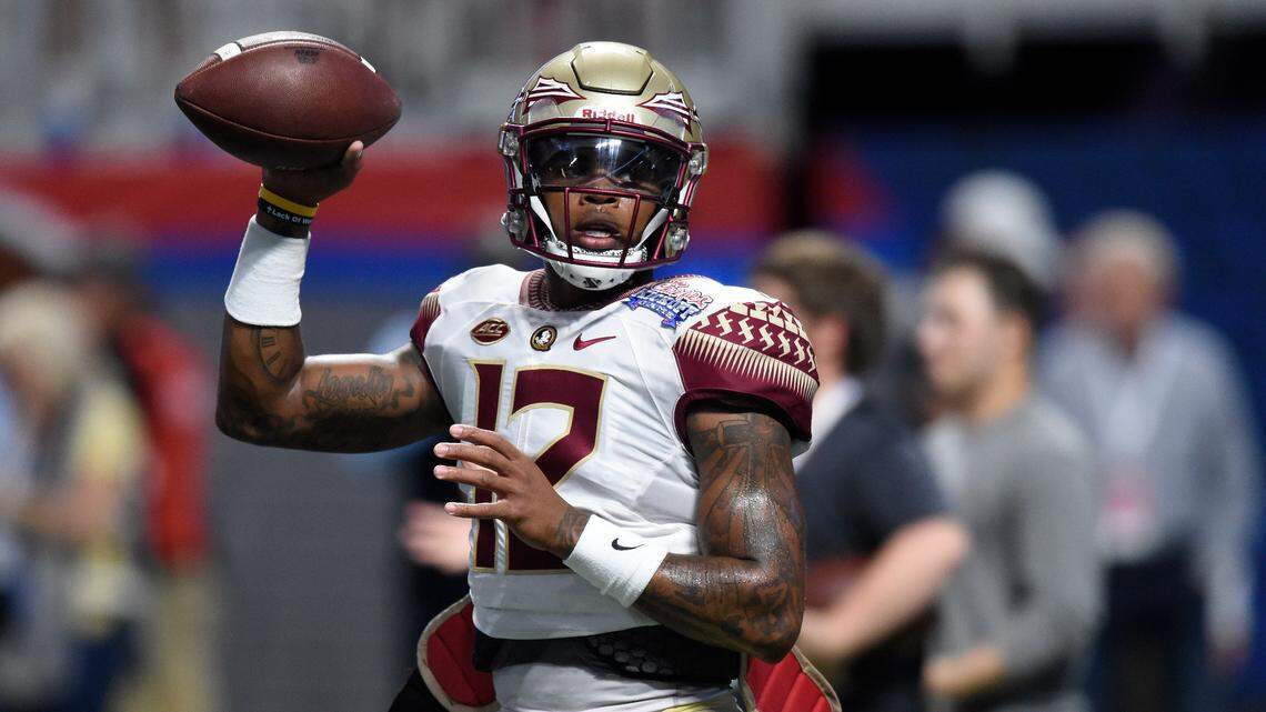 Florida State quarterback Deondre Francois (12) warming up before the first half of an NCAA football game between Alabama and Florida State in Atlanta. Head coach Willie Taggart’s biggest decision of the preseason will be who will start at quarterback on Sept. 3 against Virginia Tech. James Blackman started 12 games last season following Francois’ injury. Blackman threw for 2,230 yards, 19 touchdowns and 11 interceptions as he was the program’s first true freshman to start at quarterback since 1985. Francois has 14 career starts and is 10-4 during that span. In 2016 he threw for the fifth-most yards in school history (3,350) as he was named the Atlantic Coast Conference’s rookie of the year.