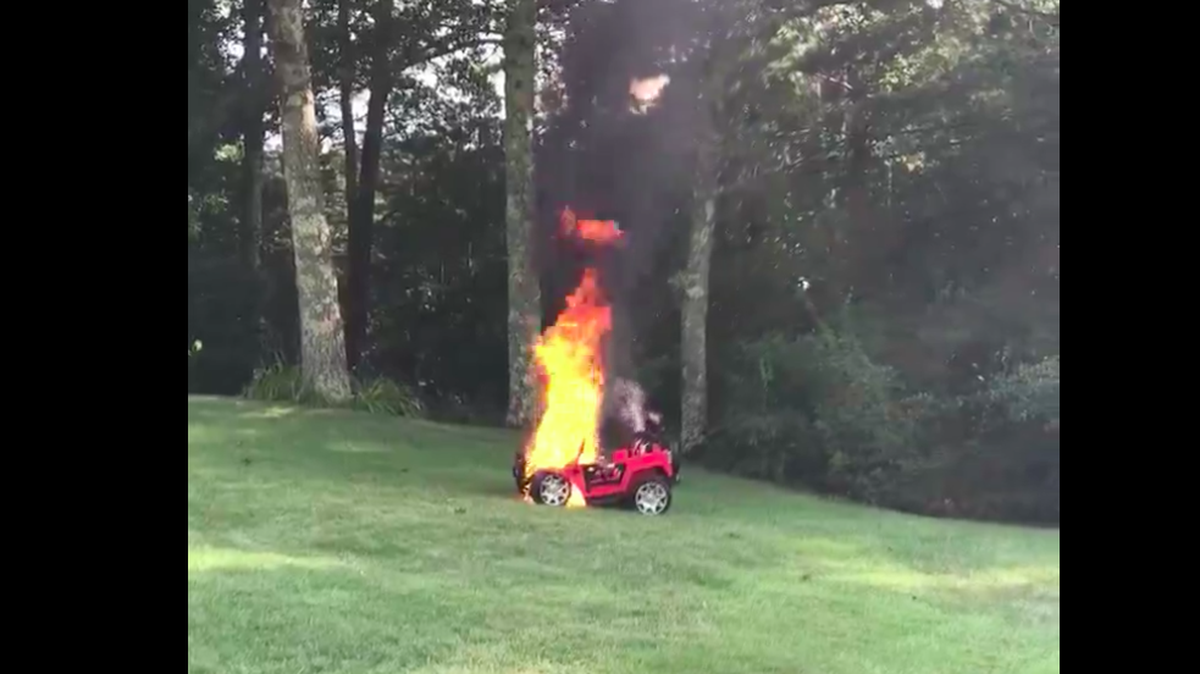 An Andover mom was able to unbuckle and pull her children off a plastic toy car minutes before the battery-powered vehicle burst into flames and melted in a heap. Firefighters reported the toy to regulators.
