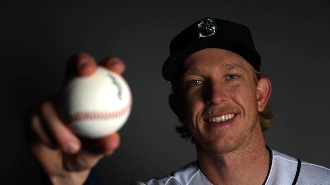 Feb 23, 2023; Peoria, AZ, USA; Darren McCaughan of the Seattle Mariners poses during Photo Day at Peoria Sports Complex Mandatory Credit: Joe Camporeale-USA TODAY Sports