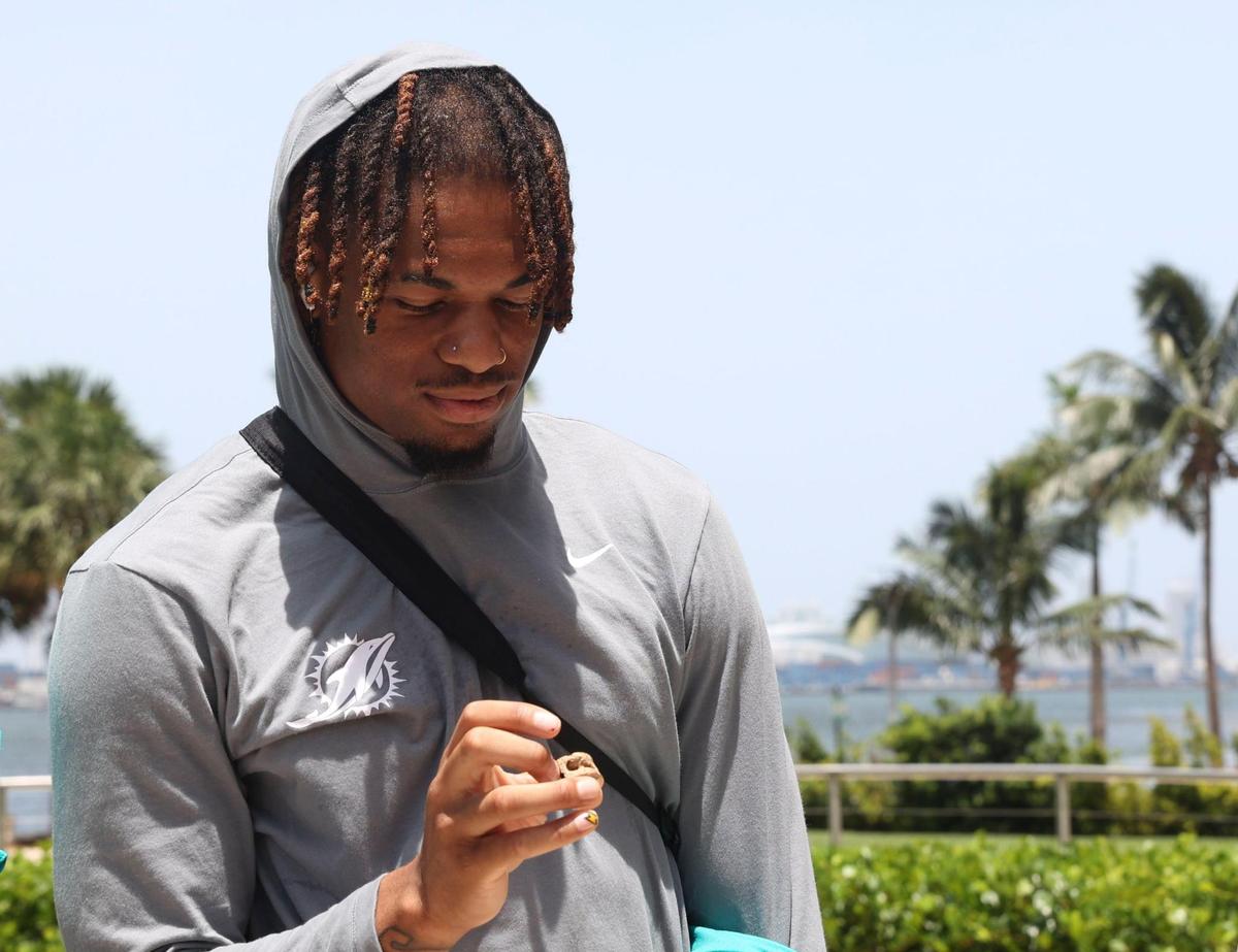 Erick Ezukanma, signed to the roster and member of the Miami Dolphins rookie class, participates in a historic walking tour of Downtown Miami with local community groups on Wednesday, June 15, 2022, beginning with tour leaders at the History Miami Museum. Ezukanma is one of players in the rookie class actually signed to the roster for this coming season.