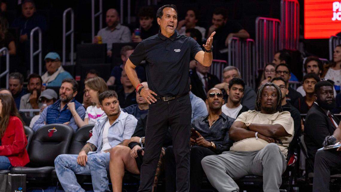 Miami Heat coach Erik Spoelstra reacts from the sidelines during the first half of an NBA game on February 26, 2025, in Miami.