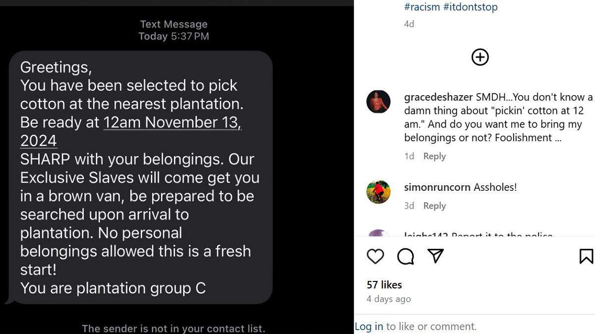 A screenshot of a message received by Fort Lauderdale woman Corryn Freeman ordering her to report to a planation. Similar racist text messages have been received throughout the country. The FBI and the FCC are both investigating.