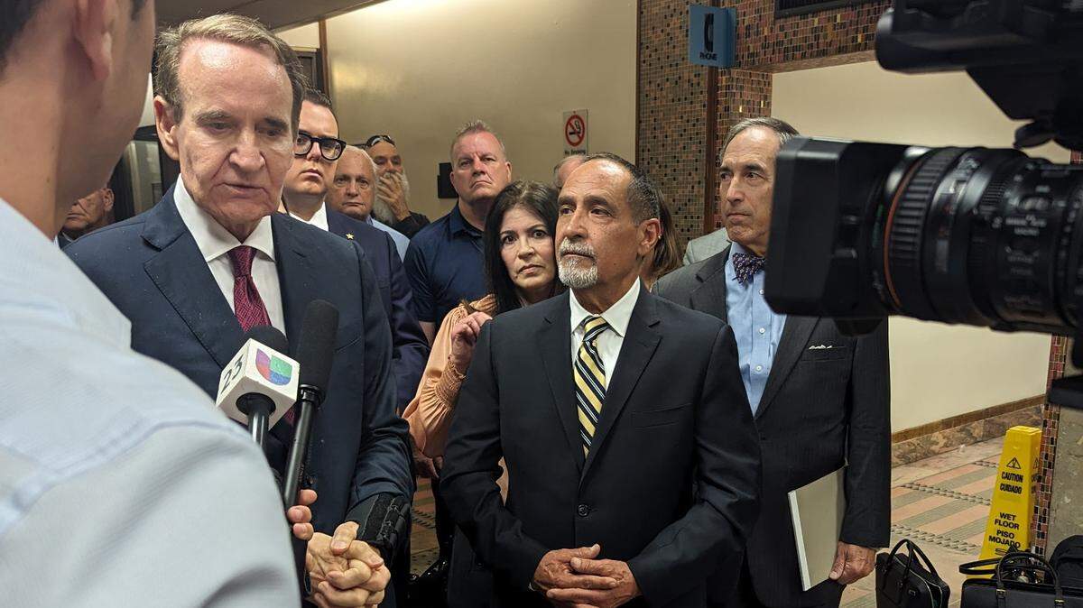 Suspended Miami-Dade Commissioner Joe Martinez, right, announced his entry into a crowded field for Miami-Dade Sheriff, Tuesday, June 4, 2024. Martinez, standing next to attorney Kendall Coffey, made the announcement just outside the courtroom where he will stand trial on public corruption charges.