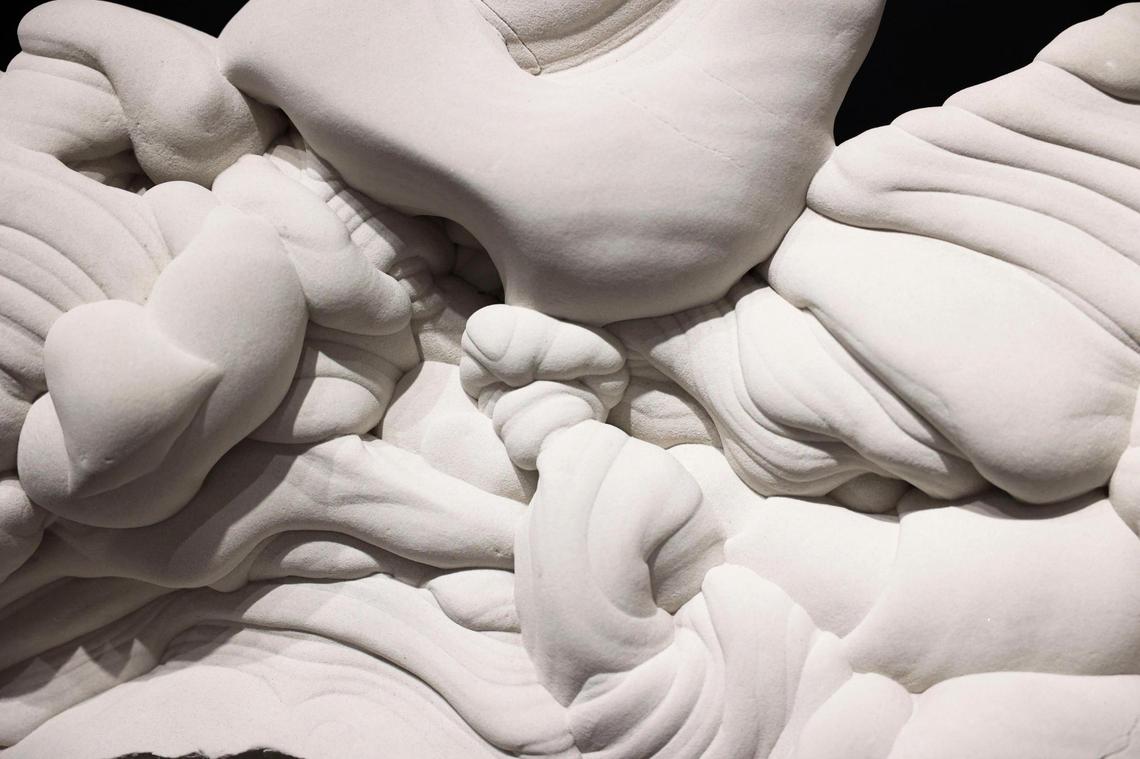 Artwork called ‘Rare Gogootte Formation’ made of sandstone from France sits on display at the Archeus/Post Modern gallery booth during the opening night of VIP for Art Miami on Tuesday, Nov. 29, 2022, at CONTEXT Art Miami.