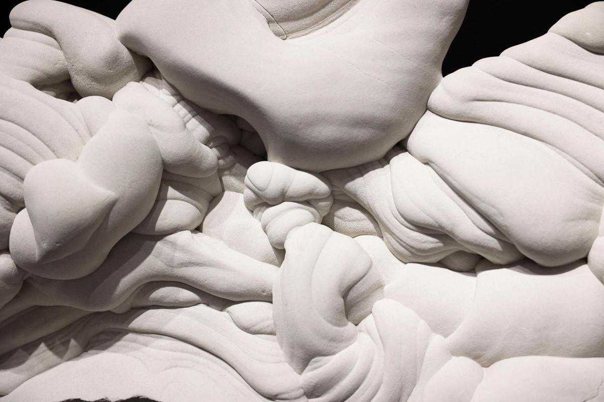 Artwork called ‘Rare Gogootte Formation’ made of sandstone from France sits on display at the Archeus/Post Modern gallery booth during the opening night of VIP for Art Miami on Tuesday, Nov. 29, 2022, at CONTEXT Art Miami.