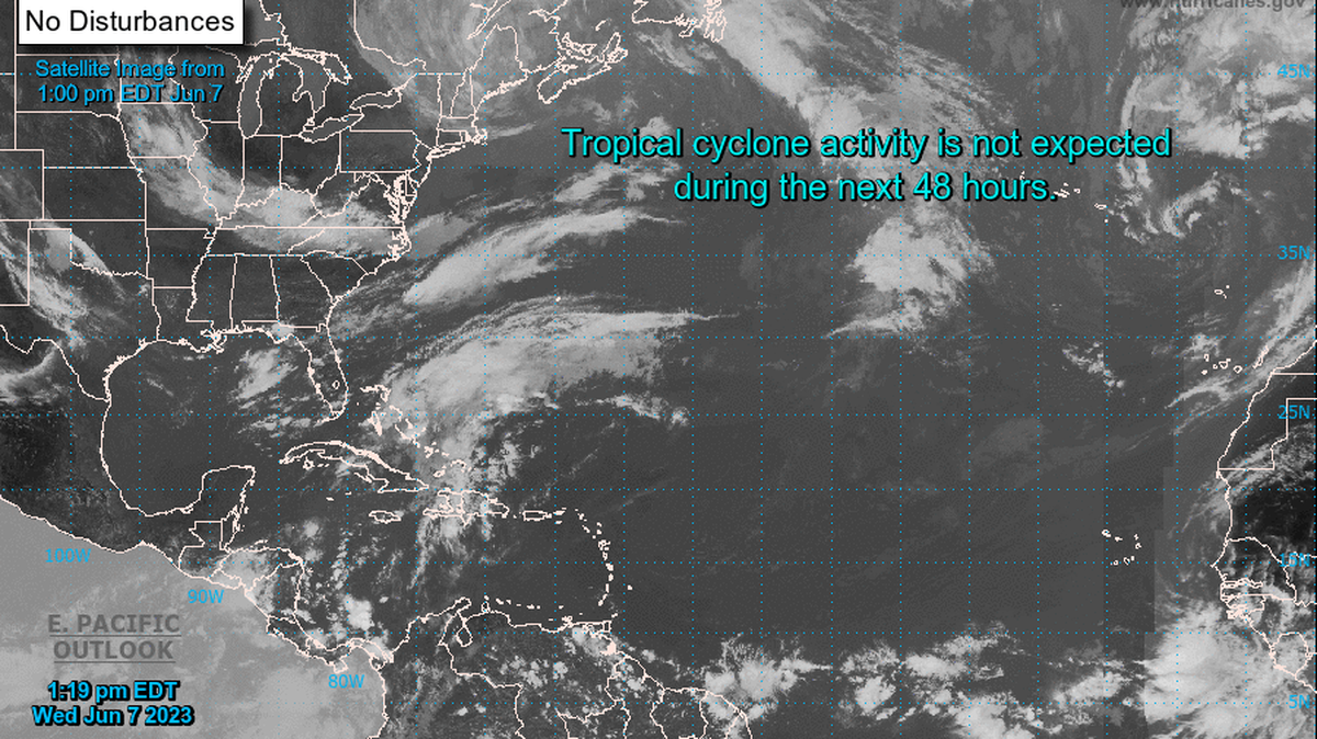 The National Hurricane Center’s 1 p.m. Wednesday, June 7, 2023, tropics map shows a clear Atlantic.