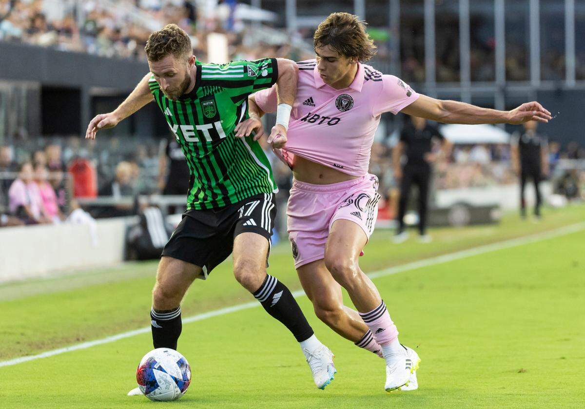 Inter Miami midfielder Benjamin Cremaschi (30) and Austin FC forward Jon Gallagher (17) compete for possession of the ball in the first half of their MLS match at DRV PNK Stadium on Saturday, July 1, 2023, in Fort Lauderdale, Fla.