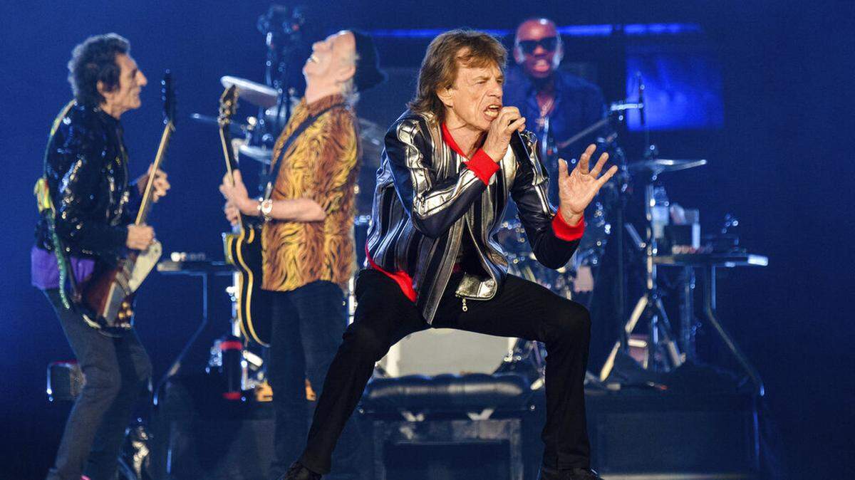 Ronnie Wood, from left, Keith Richards, Mick Jagger and Steve Jordan of the Rolling Stones perform during the “No Filter” tour at The Dome at America’s Center, Sunday, Sept. 26, 2021, in St. Louis. (Photo by Amy Harris/Invision/AP)