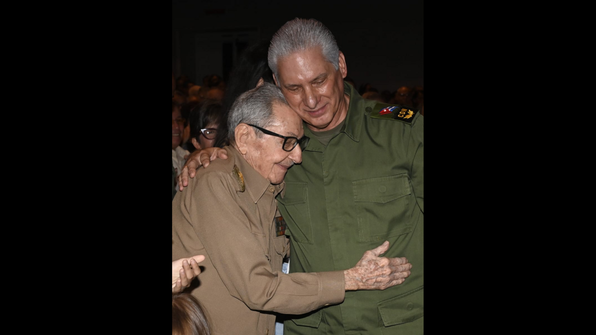 Raúl Castro, Cuba’s former president who is still considered the island’s maximum authority, embraces his handpicked successor, Miguel Díaz-Canel, during an event on Friday in Havana to celebrate Castro’s 95th birthday.