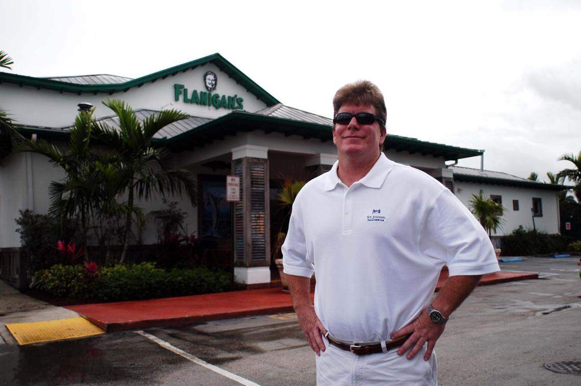 In 2005, CEO James G. Flanigan in front of Flanigan’s Seafood Bar and Grill in Weston.