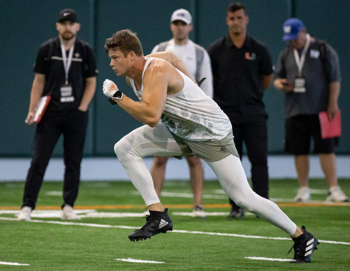 Tight end Will Mallory runs drills during Football Pro Day at the University of Miami’s indoor practice facility on Monday, March 27, 2023 in Coral Gables, Fla.