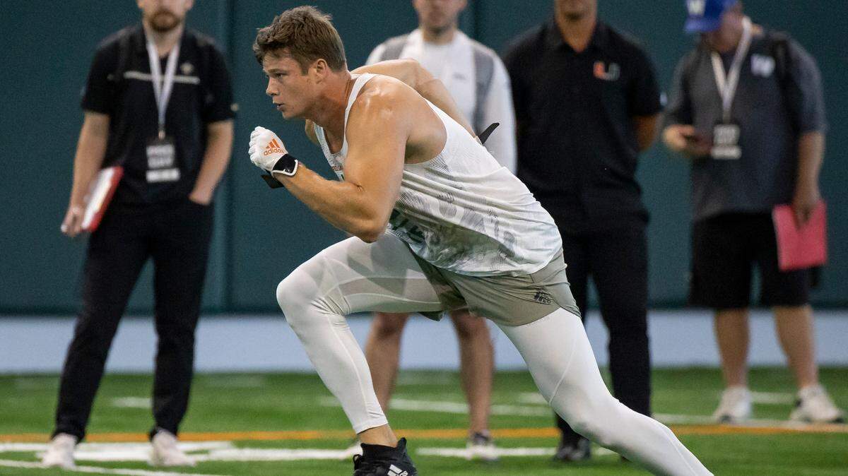 Tight end Will Mallory runs drills during Football Pro Day at the University of Miami’s indoor practice facility on Monday, March 27, 2023 in Coral Gables, Fla.