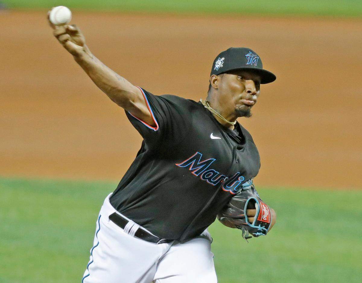 Miami Marlins starting pitcher Sixto Sanchez throws a pitch as the Miami Marlins host the Tampa Bay Rays at Marlins Park in Miami on Friday, August 28, 2020.