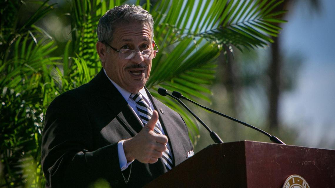 Jose “Pepe” Diaz speaks to attendees in Miami Gardens on Jan. 6, 2021, after being sworn in as chairman of the Miami-Dade County Commission.