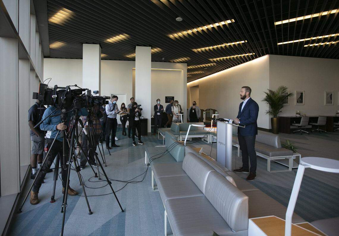 Brightline President Patrick Goddard addresses the media at the Miami Central station after the Brightline train he was riding on struck a car in Pompano Beach, Florida, on Nov. 8, 2021. It was the first day of service in more than a year for the train company.