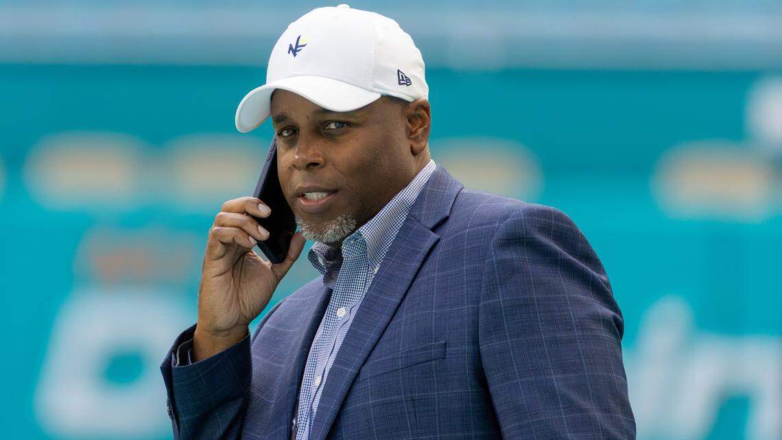Miami Dolphins general manager Chris Grier looks on before the start of their NFL game against the New York Jets at Hard Rock Stadium on Sunday, Dec. 8, 2024, in Miami Gardens, Fla