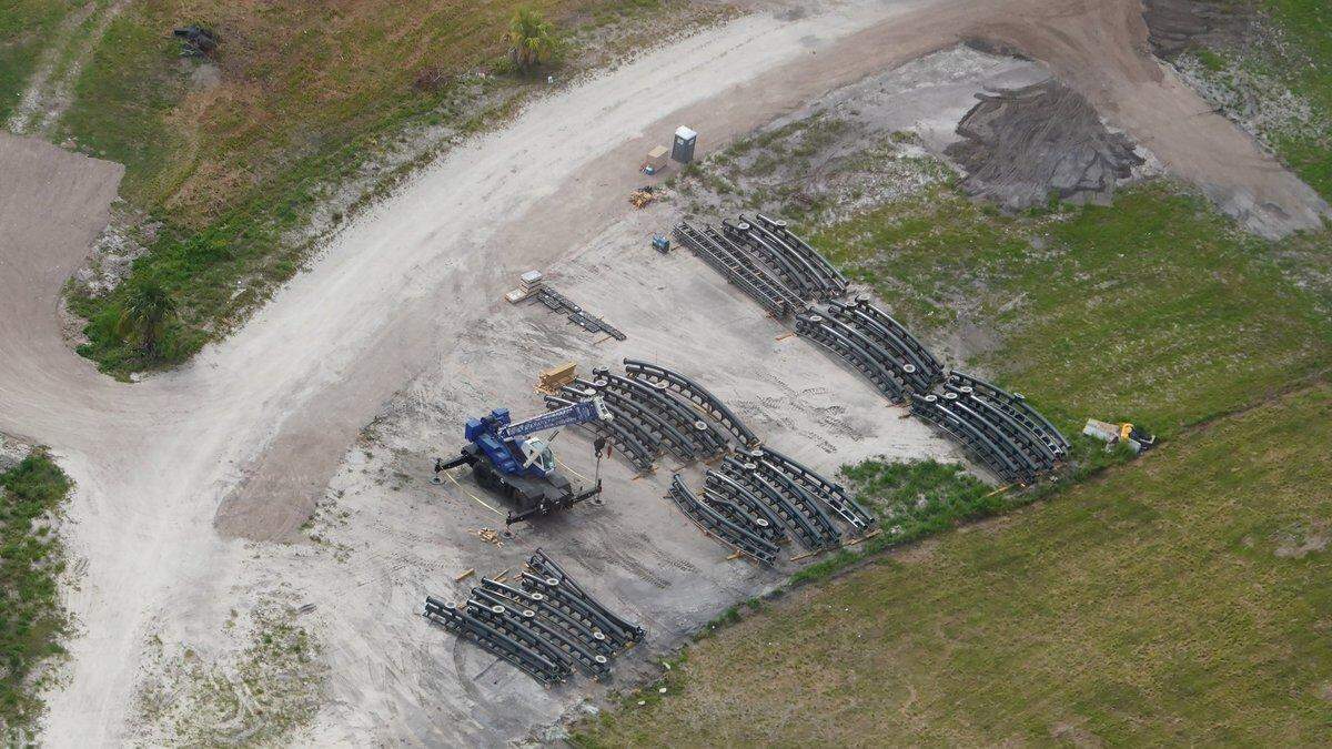 Roller coaster track seen on June 29 staged in the Universal expansion property.