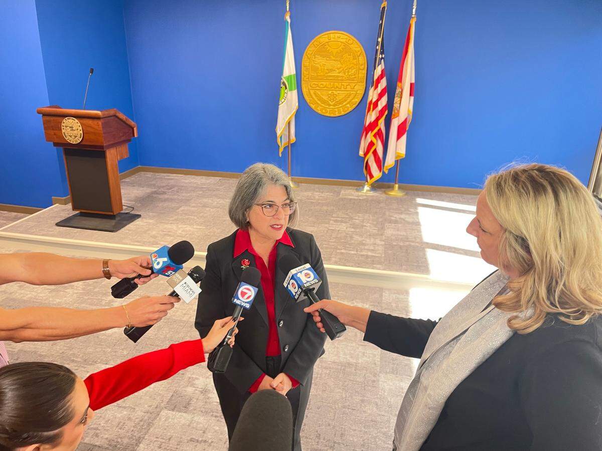 Miami-Dade Mayor Daniella Levine Cava talks to reporters after a special meeting of the County Commission on Tuesday, Jan. 28, 2025.