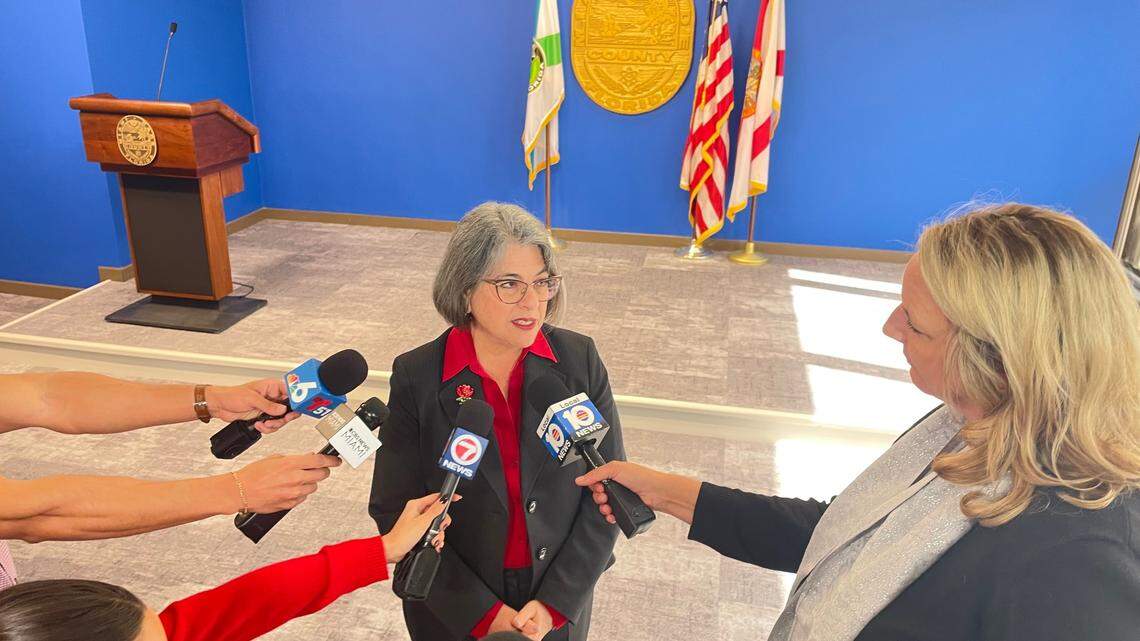 Miami-Dade Mayor Daniella Levine Cava talks to reporters after a County Commission meeting on Jan. 28, 2025.