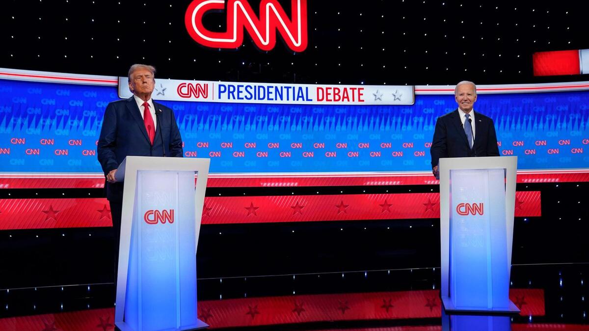 From left, former President Donald Trump, the Republican presidential nominee, gestures while debating President Joe Biden in Atlanta on June 27, 2024. Democrats called on Biden to end his re-election campaign after his disastrous debate performance against Donald Trump in June 2024. 