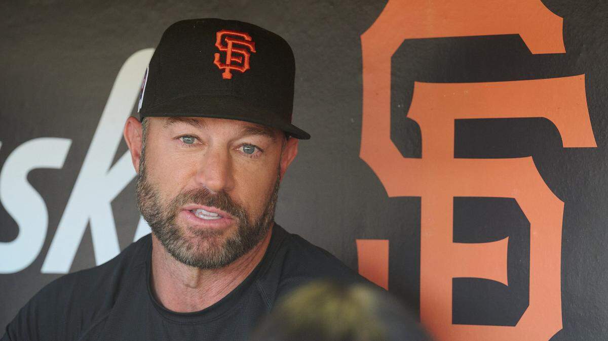 Sep 11, 2023; San Francisco, California, USA; San Francisco Giants manager Gabe Kapler (19) talks to the media in the dugout before the game against the Cleveland Guardians at San Francisco Giants at Oracle Park.