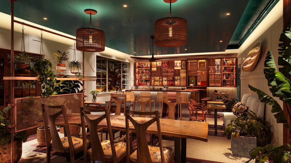 At the indoor space of Pretty Swell, diners can eat at a communal table, banquette or small bar.