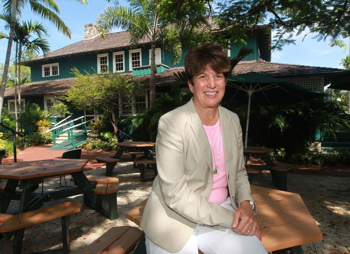 Penny Townsend, the head of Ransom Everglades School in Coconut Grove, poses outside the Pagoda, the oldest building on campus. The school announced May 25, 2022, that she was stepping down, effective immediately.