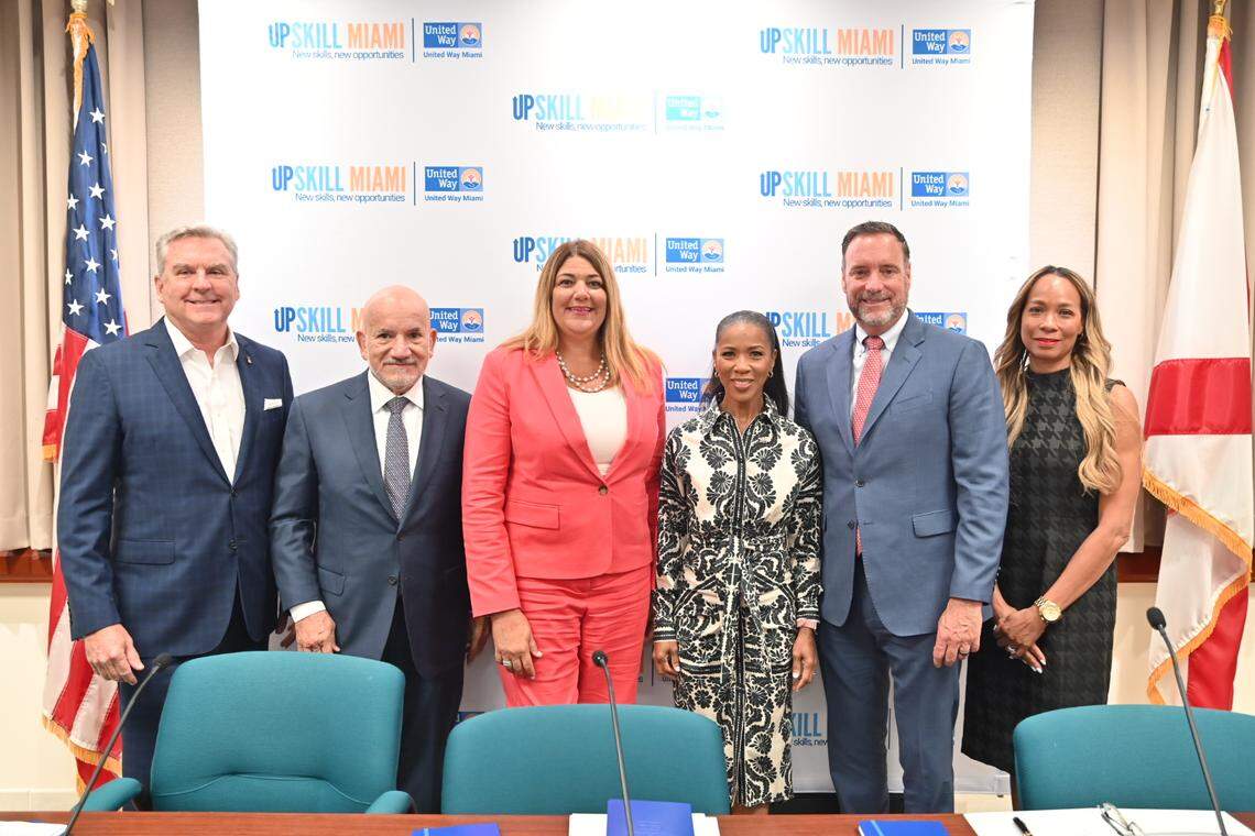Local business leaders announce the launch of UpSkill Miami. Pictured left to right are: Bo Boulenger, CEO of Baptist Health; Carlos A. Migoya, CEO, Jackson Health System; Madeline Pumariega, president, Miami-Dade College; Symeria Hudson, CEO, United Way Miami; Charles Hodges, president, education and training division, The CDL School; and Michelle Barton King, chairperson of the Board, United HomeCare.