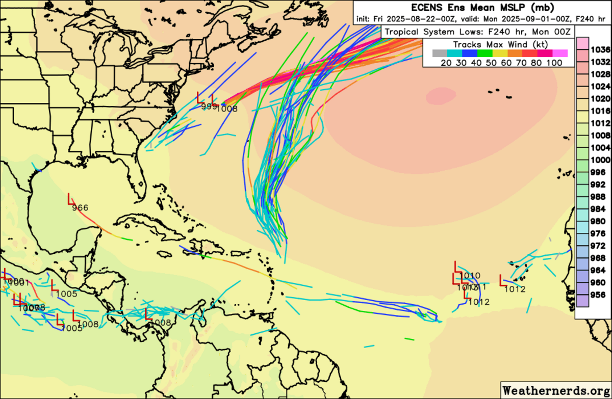 Multiple runs of the European model over multiple days have suggested that the nearest disturbance will curve north, away from the U.S. The models are less clear with the second disturbance, which could either dissipate quickly or continue due west into the Caribbean.