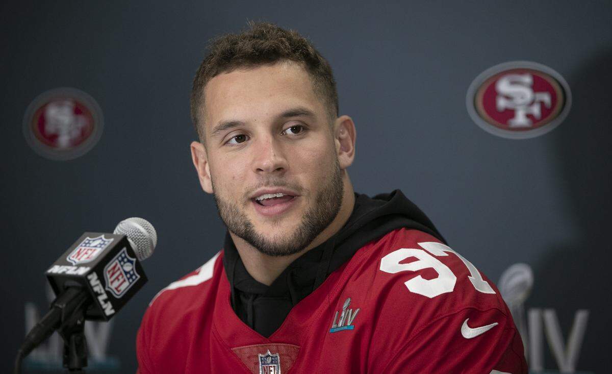 San Francisco 49ers defensive end Nick Bosa (97) is interviewed during the team’s media availability at the James L. Knight Center in Miami, Florida on Wednesday, January 29, 2020.