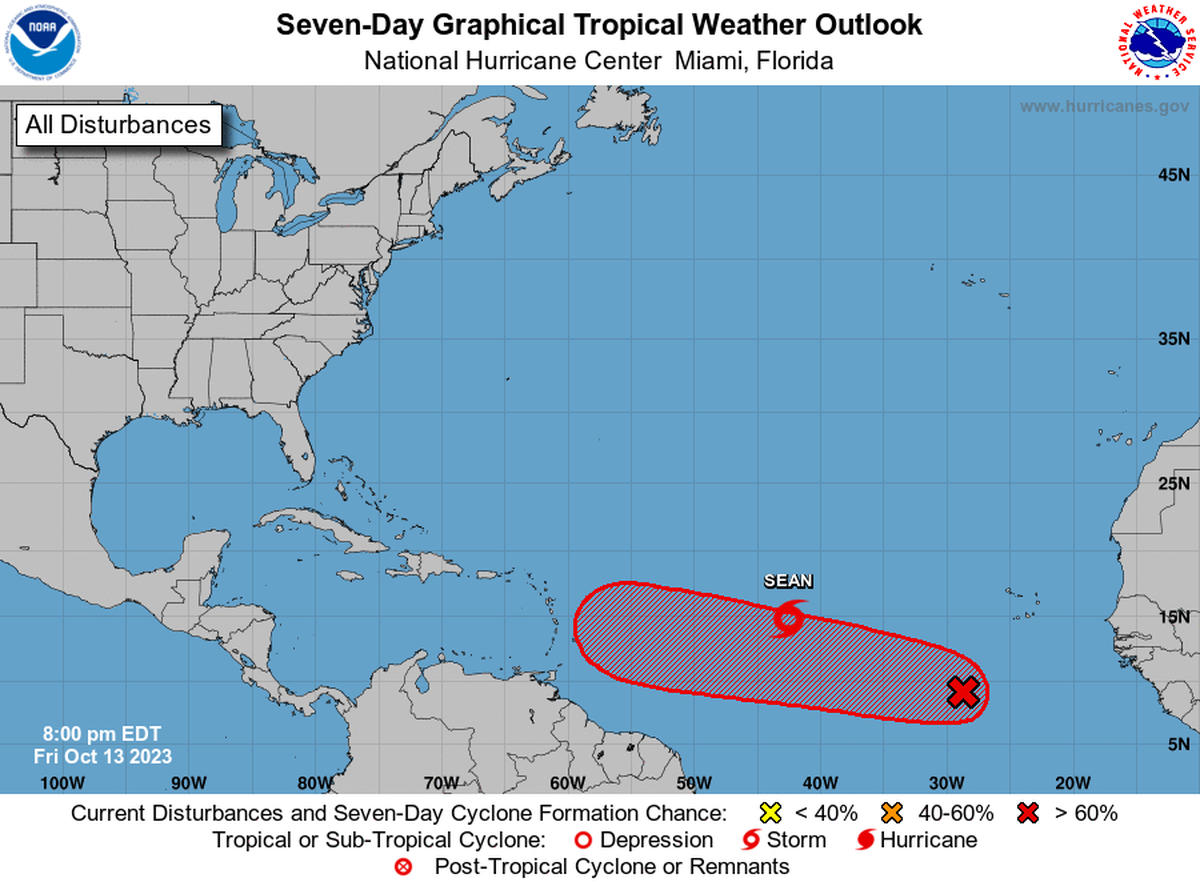The map of Atlantic Ocean weather systems, 8 p.m., Friday, Oct. 13, 2023.