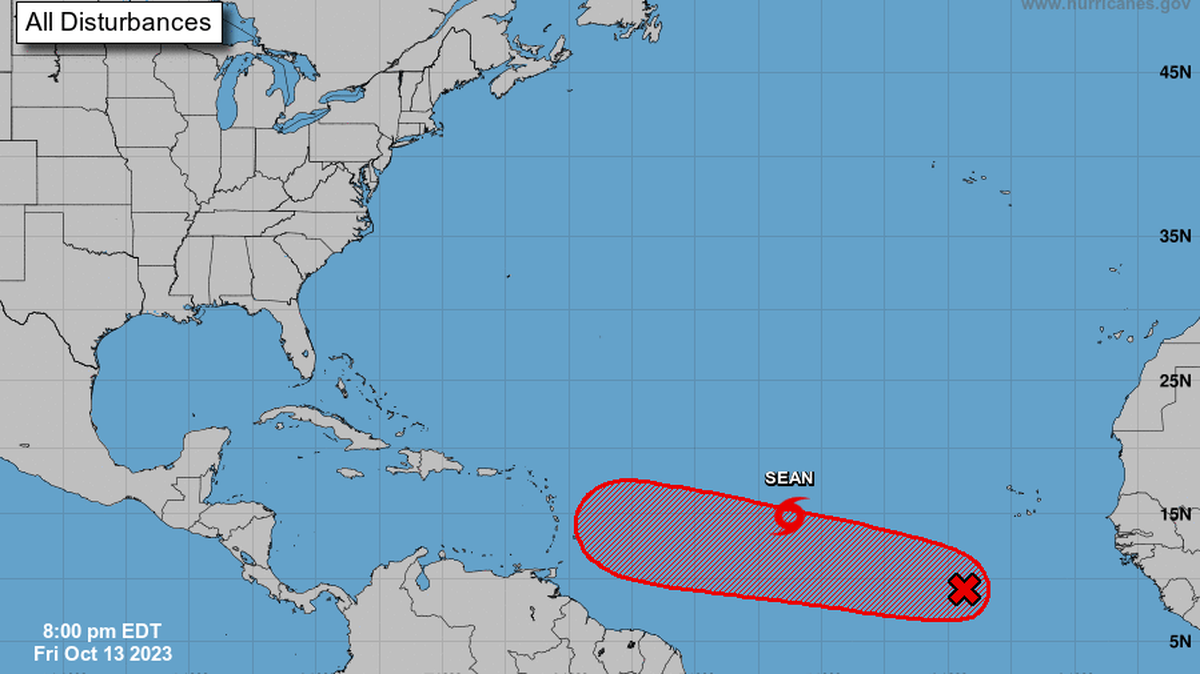 The map of Atlantic Ocean weather systems, 8 p.m., Thursday, Oct. 12, 2023.
