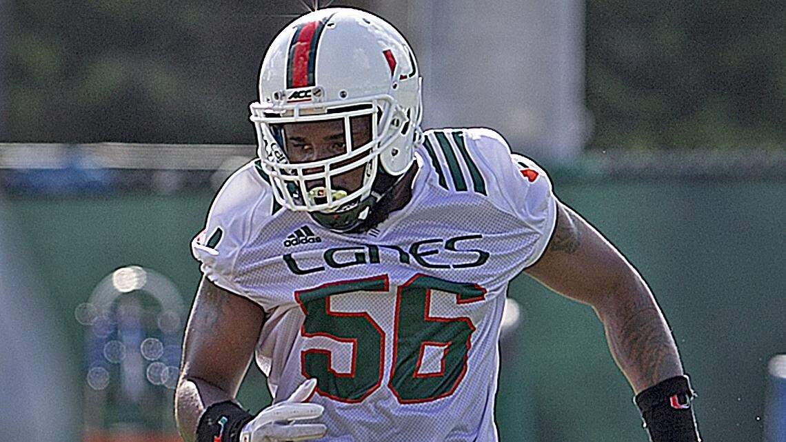 Linebacker Michael Pinckney is shown running drills during the second day of University of Miami fall football camp  at Greentree Field in Coral Gables on Sunday, August 5, 2018. Pinckney apparently tweaked his left leg or ankle and was fully dressed but conditioning on the sideline during media viewing on Thursday, Aug. 9, 2018.