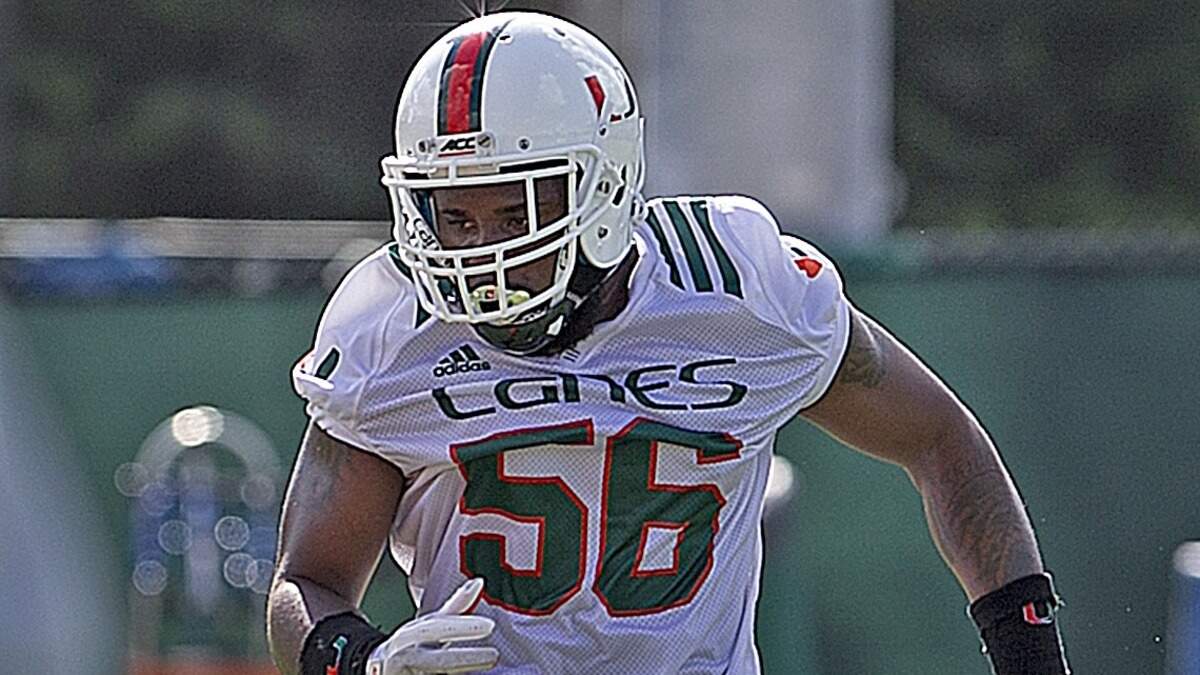 Linebacker Michael Pinckney is shown running drills during the second day of University of Miami fall football camp  at Greentree Field in Coral Gables on Sunday, August 5, 2018. Pinckney apparently tweaked his left leg or ankle and was fully dressed but conditioning on the sideline during media viewing on Thursday, Aug. 9, 2018.