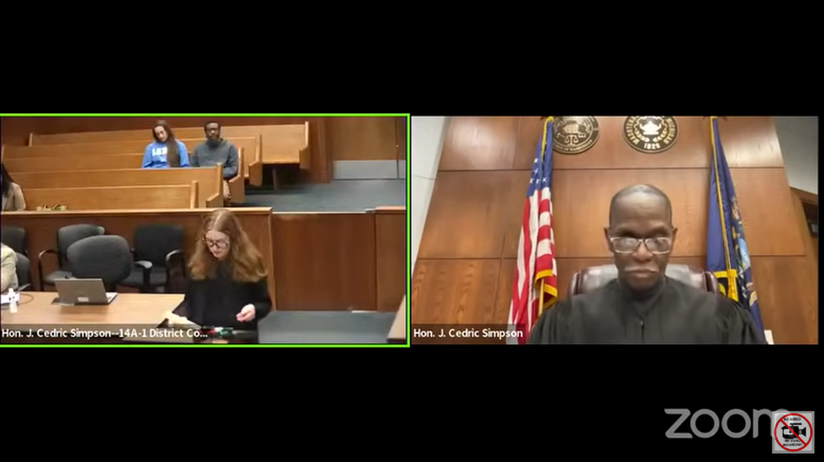 Judge Cedric Simpson (right) ordered a man to turn himself in to jail after he attended a Zoom hearing about his suspended license while driving a car, Michigan video shows.