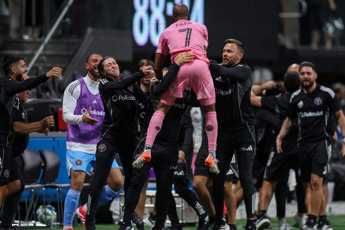 Mar 16, 2025; Atlanta, Georgia, USA; Inter Miami midfielder Fafa Picault (7) celebrates after a goal with teammates against Atlanta United in the second half at Mercedes-Benz Stadium. Mandatory Credit: Brett Davis-Imagn Images