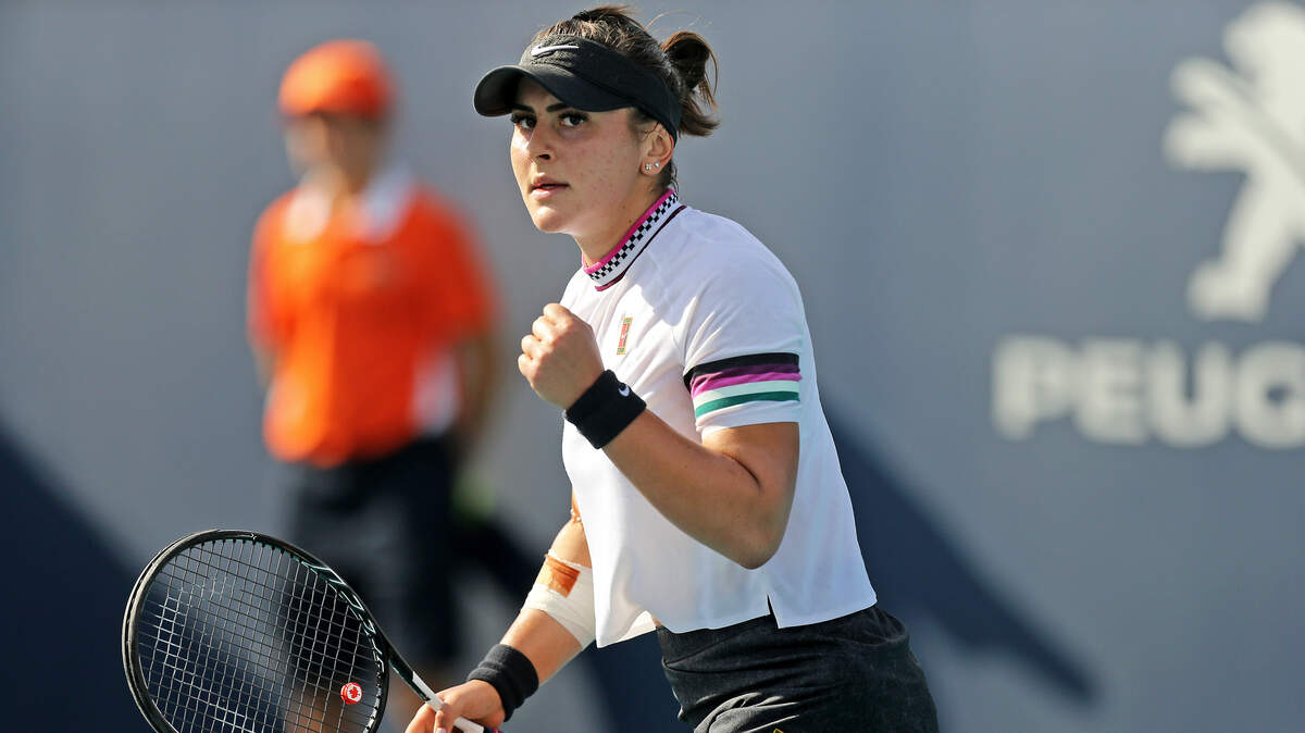 Bianca Andreescu of Canada reacts after a play against Irina-Camelia Begu of Romania during their match at the Miami Open tennis tournament on Thursday, March 21, 2019 at Hard Rock Stadium in Miami Gardens.