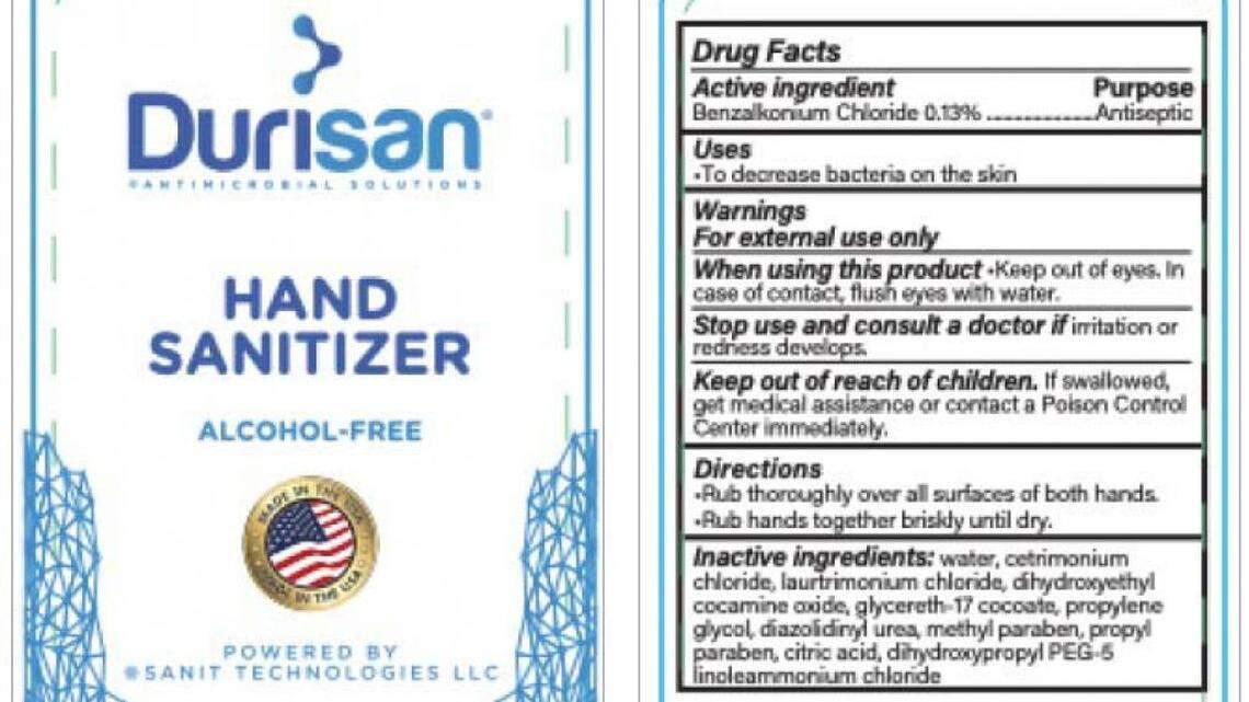 The label to 236 ml bottles of Durisan hand sanitizer